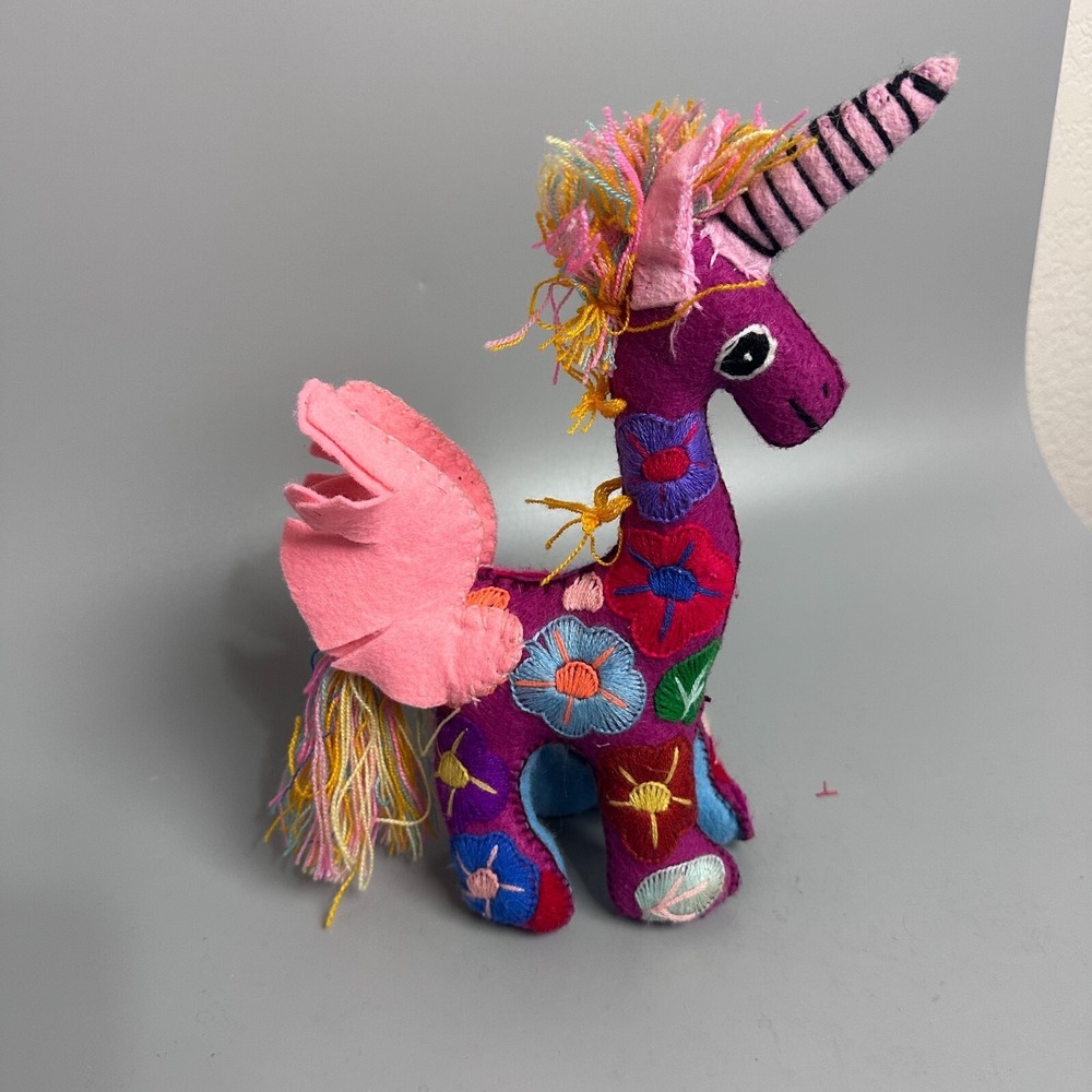 Handmade Embroidered Felt Unicorn Pegasus Plush Purple Floral Folk Art Toy